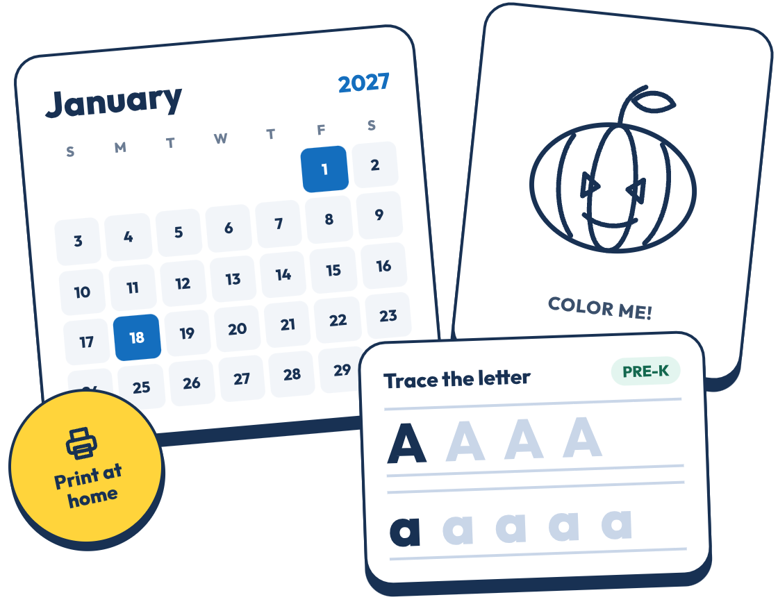 Printable calendar, coloring page and worksheet